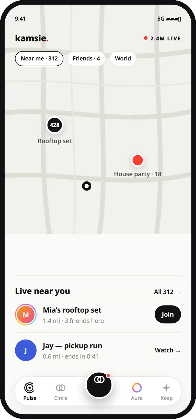 The Kamsie Pulse screen: a quiet map of who is live nearby, with a list of live moments below it.